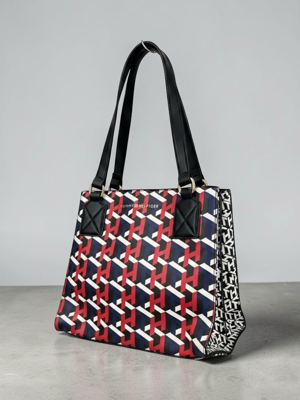 Tommy Hilfiger Red, Navy & White Patterned Canvas Tote with Black Straps